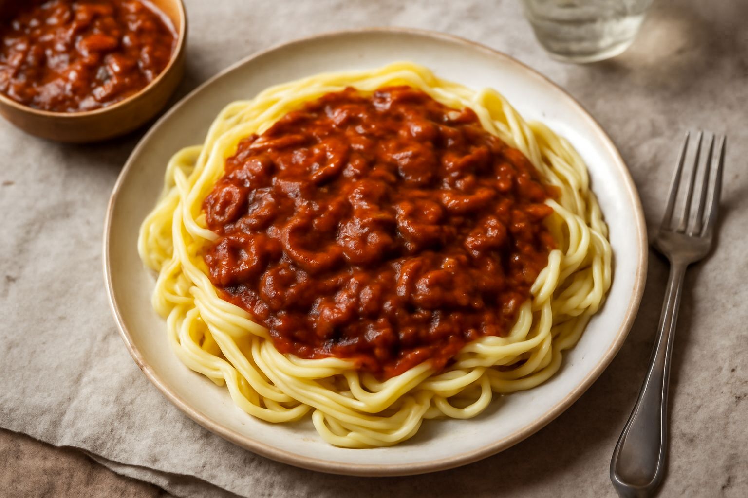Sugo di funghi in una pentola smaltata bianca, color marrone scuro con riflessi rossastri, pezzi di fungo visibili in superficie, un cucchiaio di legno poggiato sul bordo, fumo leggero che sale