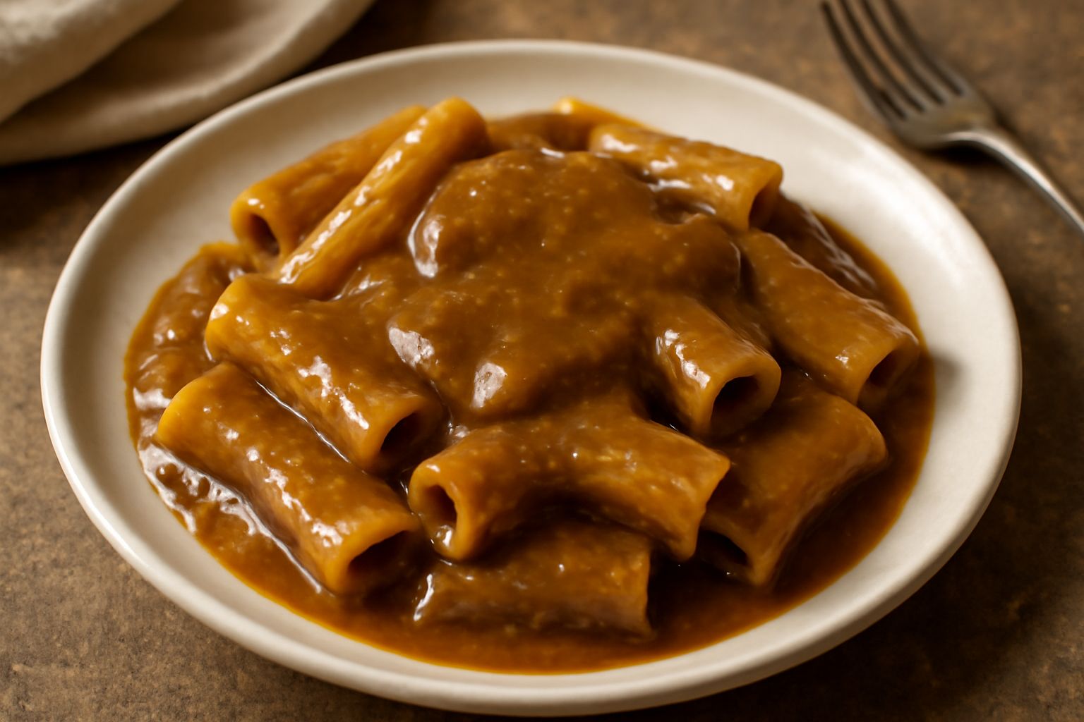 Sugo di funghi porcini marrone scuro e cremoso in un piatto bianco, condisce pappardelle fresche, decorato con prezzemolo fresco e grattugia di parmigiano