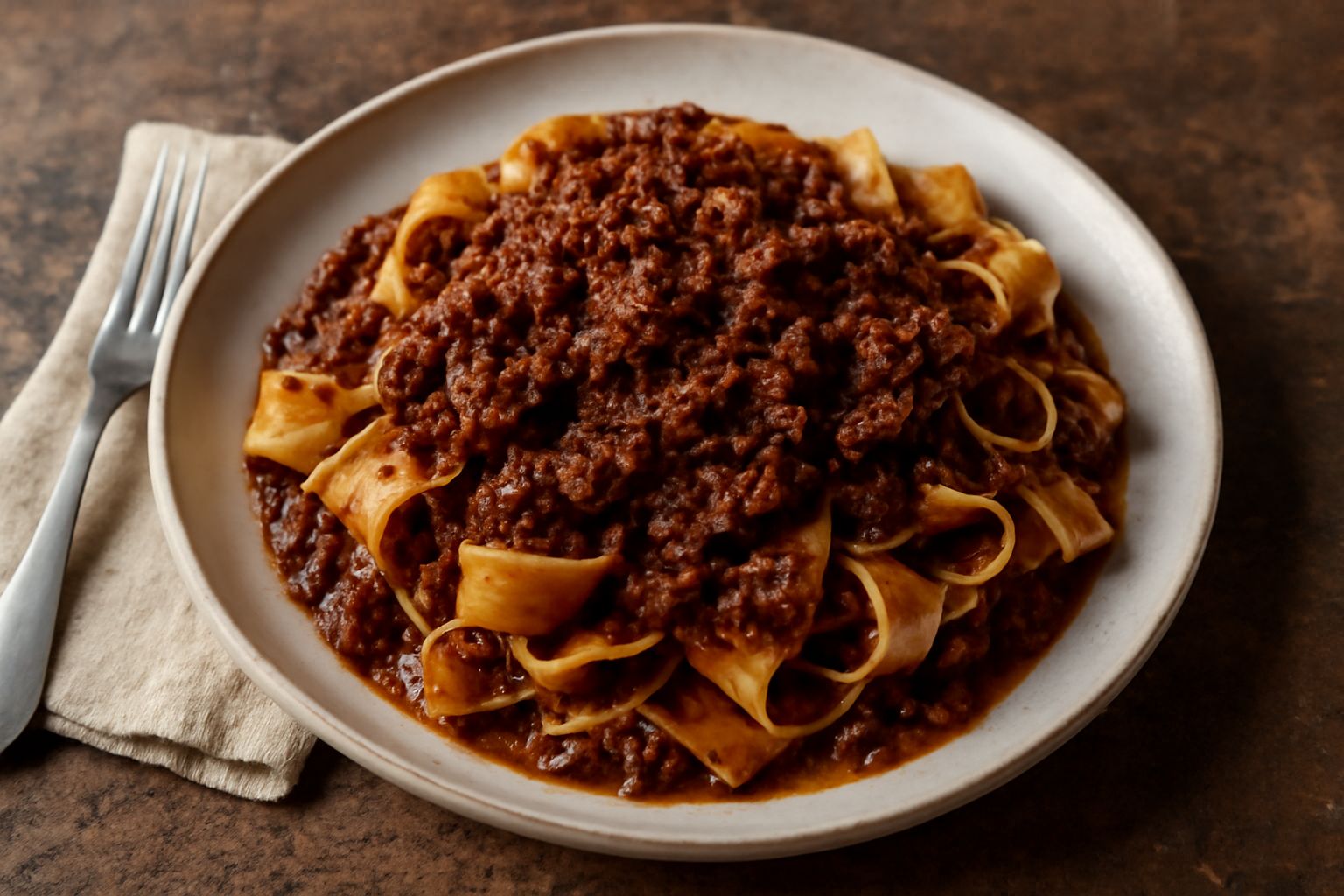 Sugo di lepre marrone scuro e denso in una pentola di coccio, con visibili frammenti di carne, accanto a pappardelle fresche ripiegate in nido su piatto bianco, guarnito con parmigiano grattugiato e p