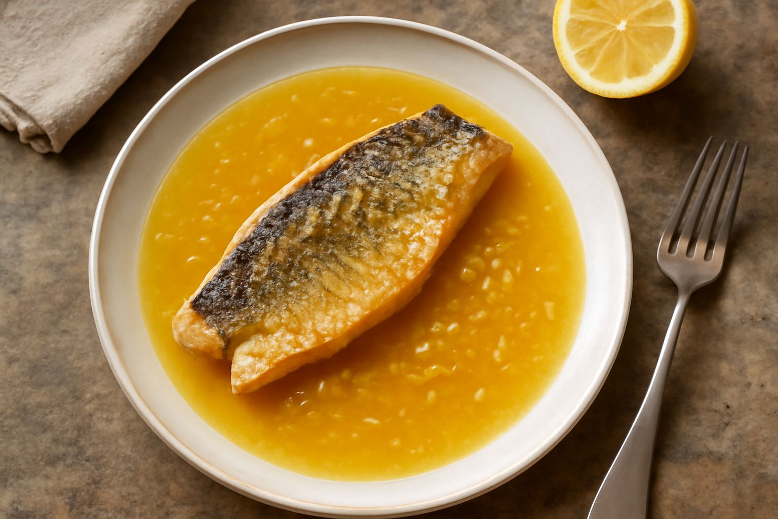 Sugo di limone denso e lucido versato da un mestolo su un piatto bianco, con gocce trasparenti sui bordi, accompagnato da una fetta di limone fresco