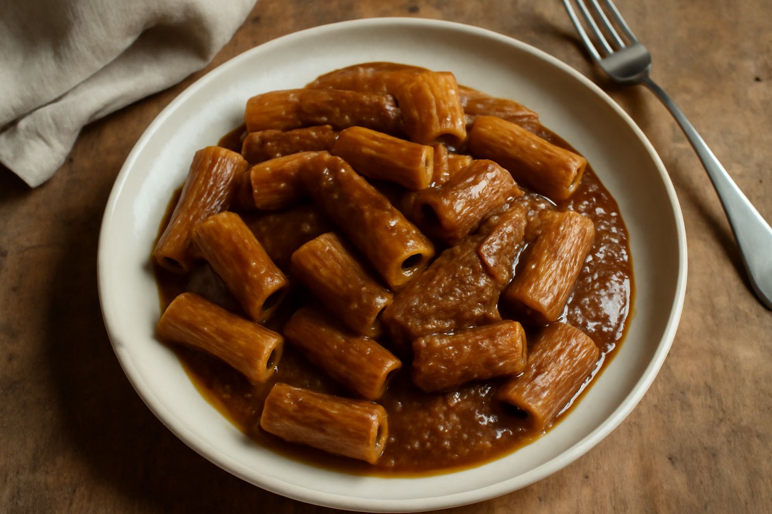 Sugo di melanzane bruno scuro in una pentola bianca, visto dal lato, con melanzane ridotte a purea, visibili gocce di olio in superficie, cucchiaio di legno posato al bordo