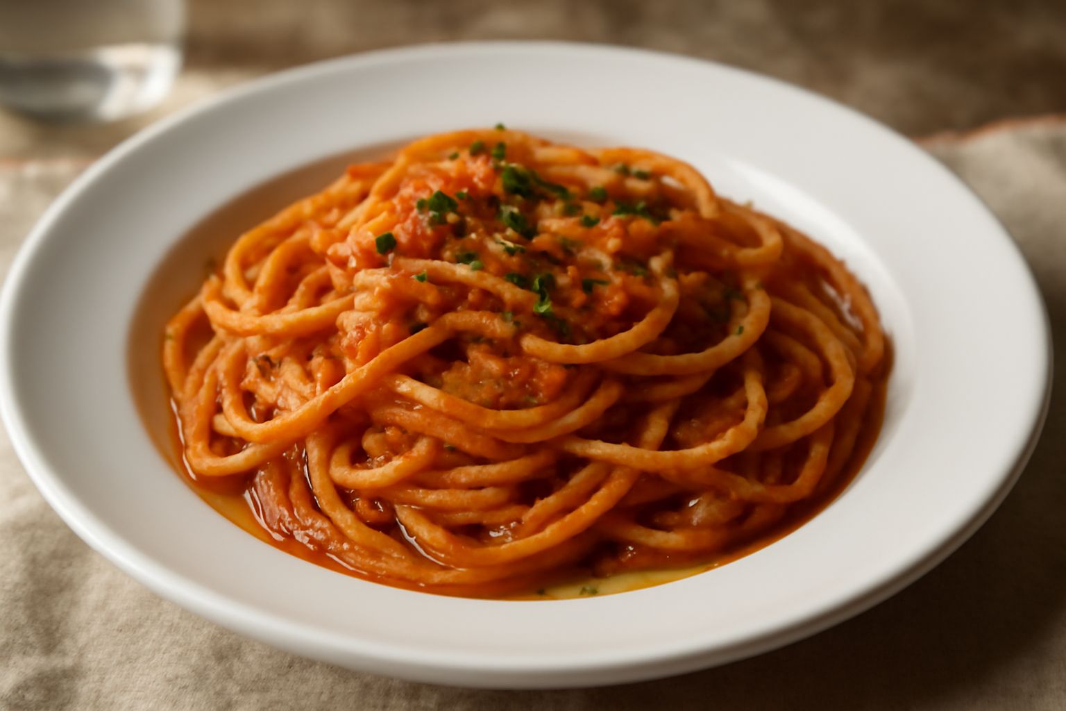 Un piatto di pasta spaghetti condita con sugo di muggine: salsa densa color marrone-rossiccio con frammenti di pesce, guarnita con prezzemolo fresco tritato e una goccia di olio d'oliva