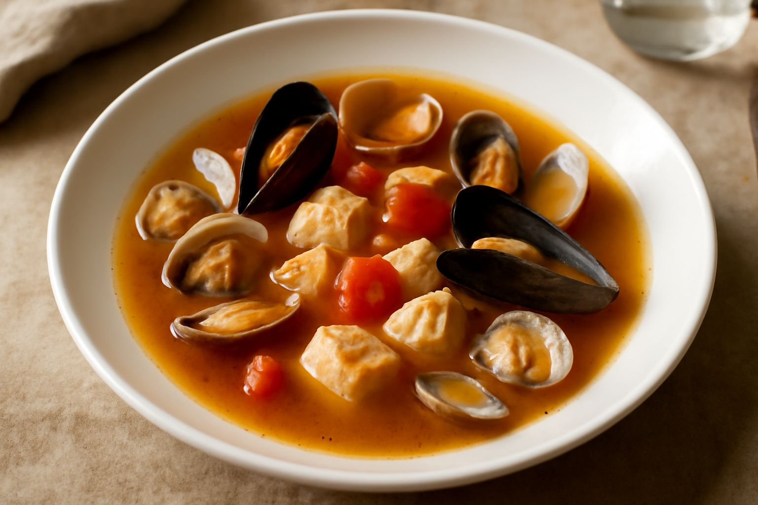 Sugo di pesce in un piatto bianco servito su spaghetti, con brodo trasparente e ambrato, vongole e cozze aperte sparse in superficie, guarnito con prezzemolo fresco tritato