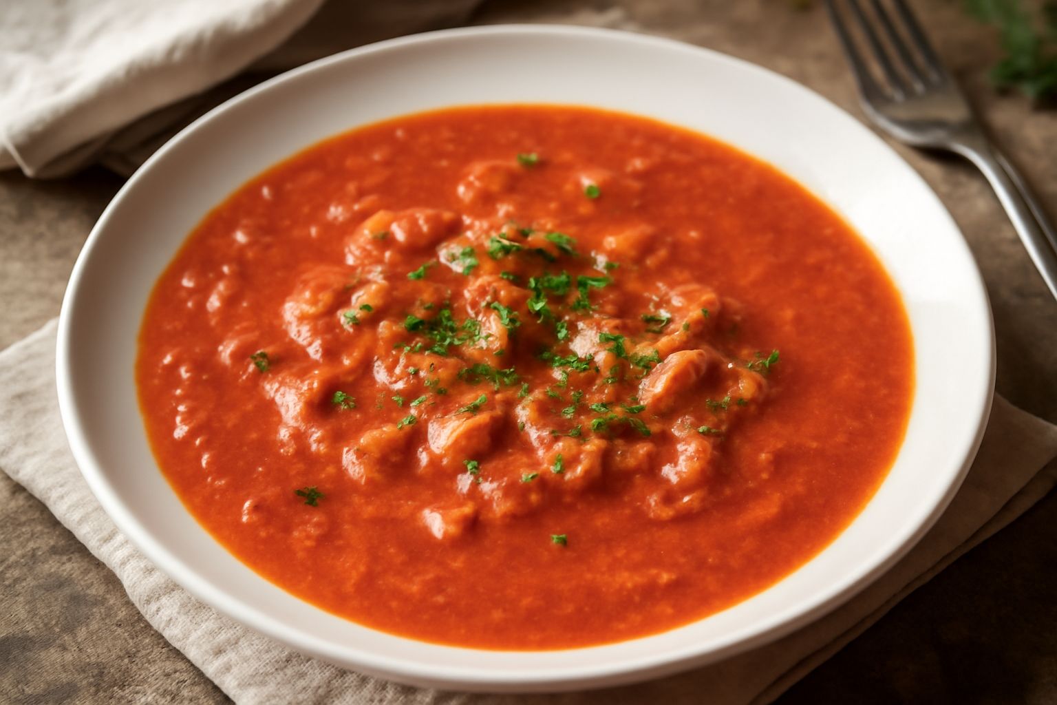 Piatto di pasta con sugo rosso intenso di pesce azzurro, olio lucido in superficie, pesce sfaldato in fiocchi chiari, prezzemolo verde tritato sparse in cima, servito in ciotola bianca profonda