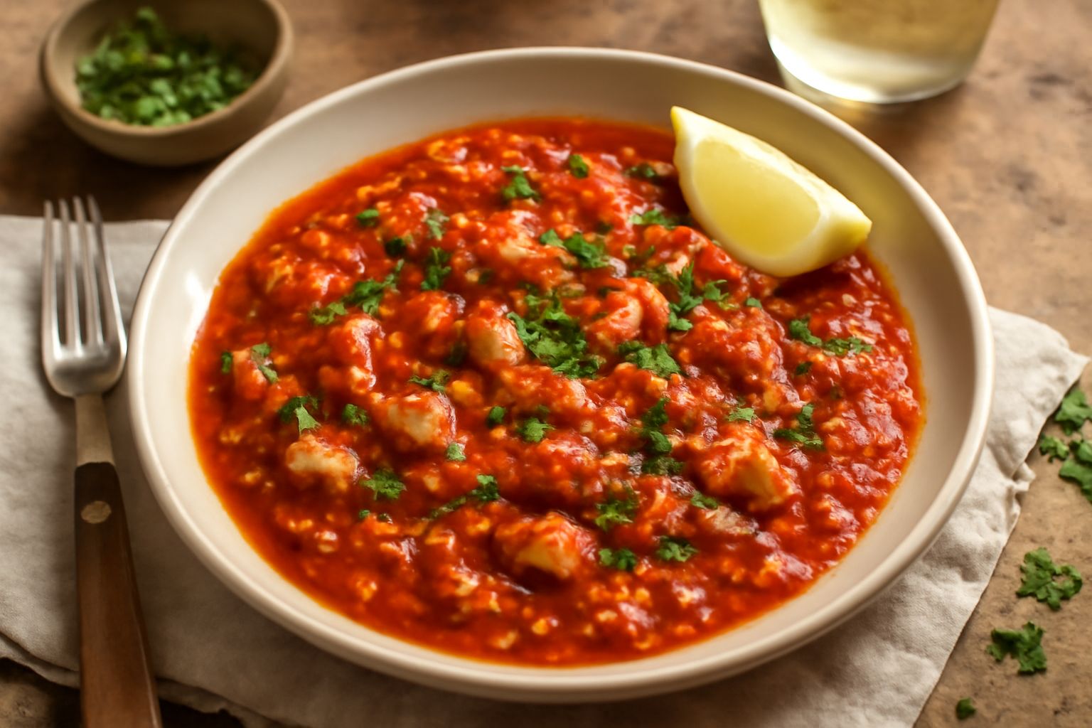 Un piatto di pasta fresca ricoperta da sugo di pesce spada di colore rosso vivo con fiocchi bianchi di pesce, guarnito con prezzemolo verde e fettine di limone, servito in piatto bianco fondo