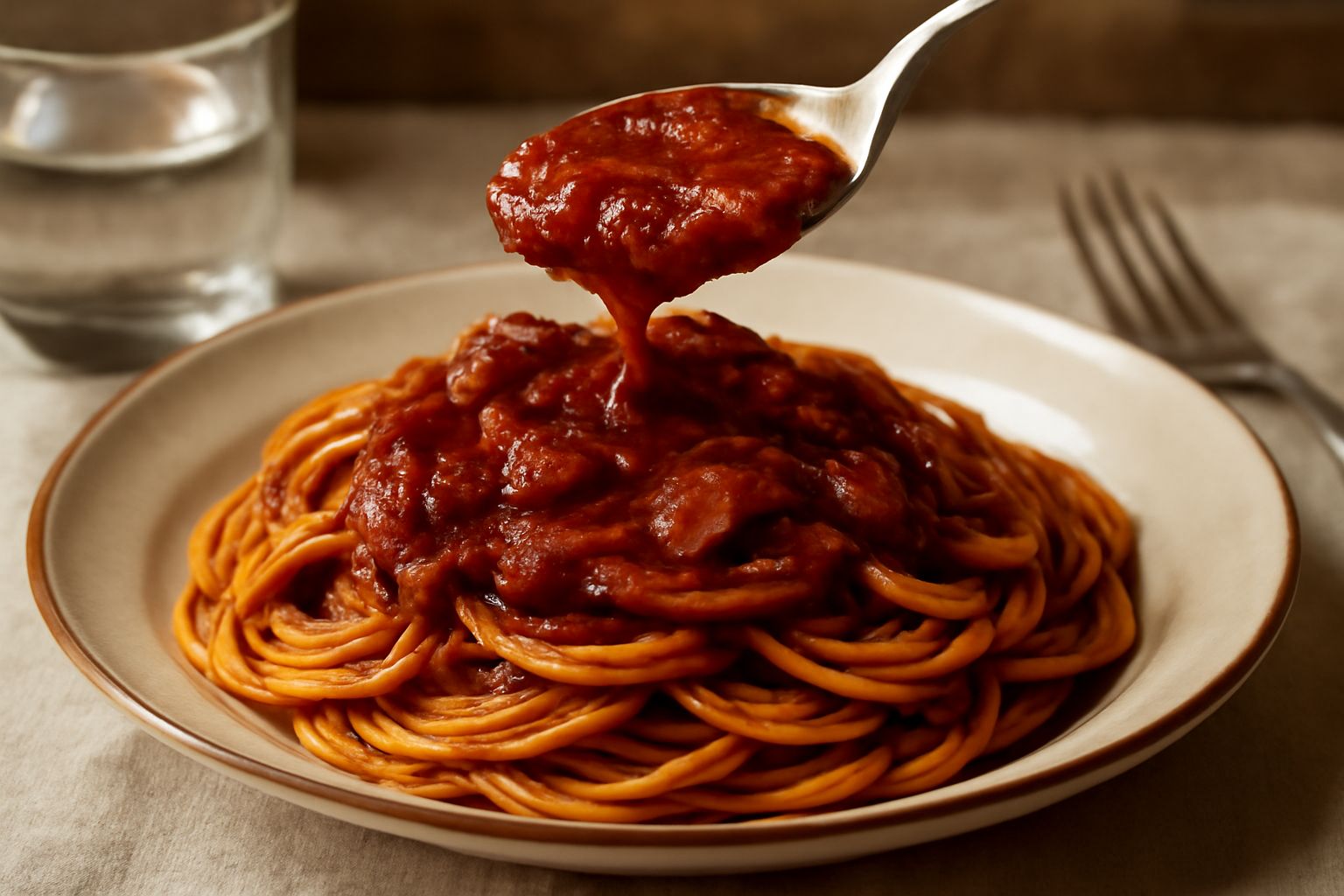 Un piatto di pasta rigatoni con sugo rosso scuro contaminato da pezzi di pesce spada grigio-marrone affumicato, spolverato di prezzemolo fresco verde e olio d'oliva lucido, in una ciotola bianca