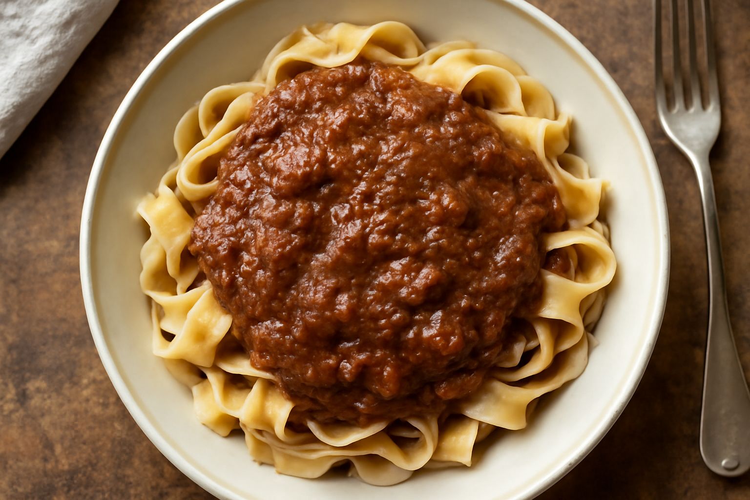 Piatto di tagliatelle al uovo condite con sugo di piccione denso color marrone scuro, guarnito con parmigiano reggiano grattugiato, servito su piatto bianco con bordo liscio