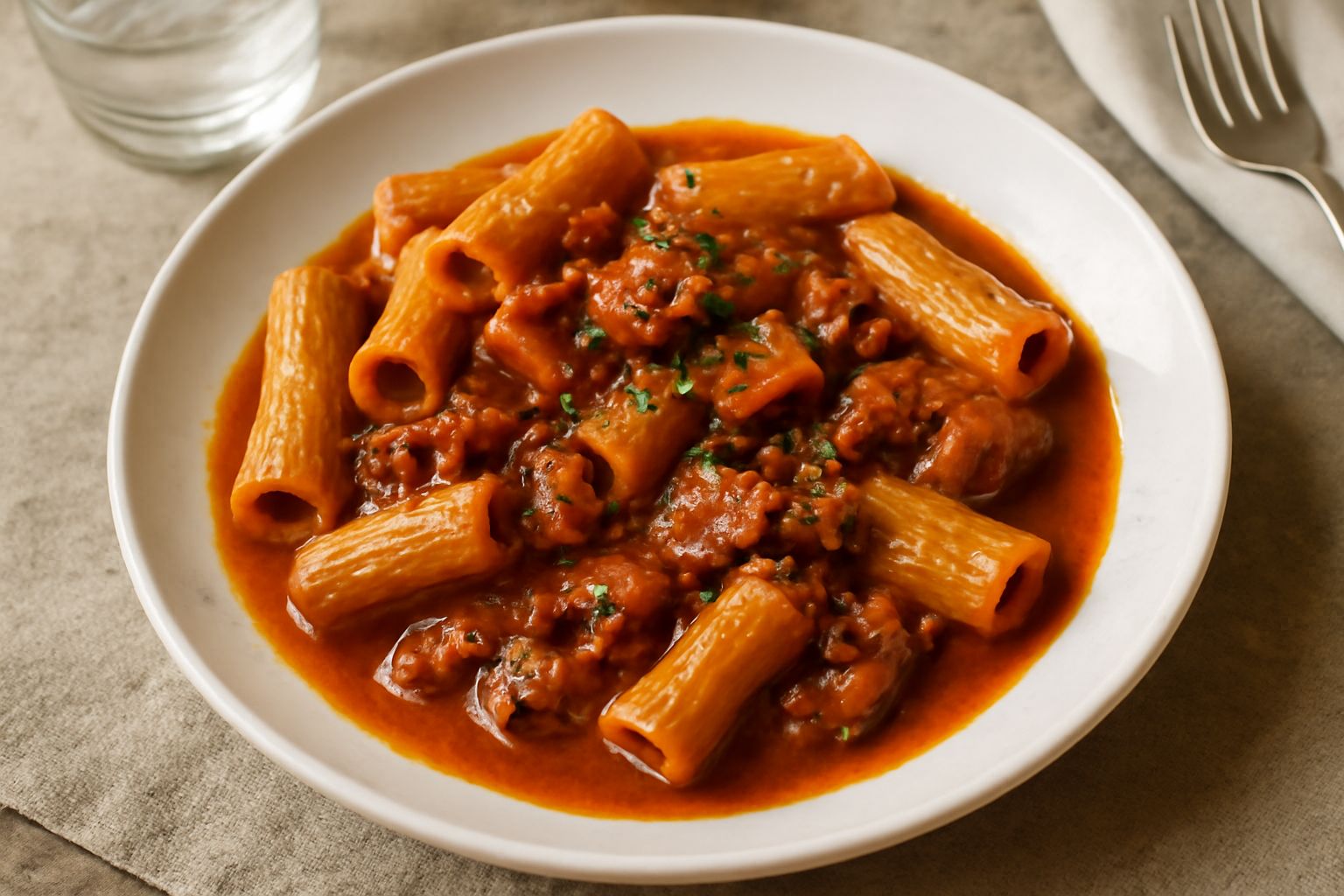 Piatto di pasta con sugo di polpo cremoso color arancio scuro, polpo tagliato a tocchetti visibili nel sugo, guarnito con prezzemolo fresco verde, servito in piatto bianco fondo su tavolo di legno