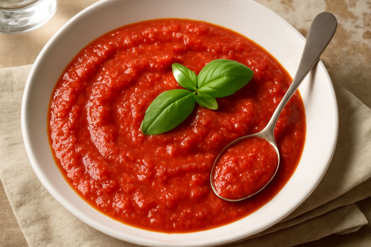 Sugo di pomodori rosso brillante in una pentola di acciaio, con foglie di basilico fresco posate sopra, vapore visibile e cucchiaio di legno immerso