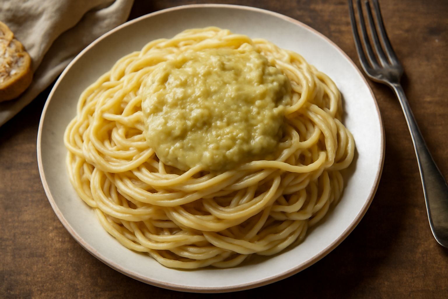 Sugo di pomodori acerbi in un piatto bianco, di color verde pallido tendente al beige, decorato con una fogliolina di basilico fresco e un filo d'olio d'oliva, accanto a spaghetti al dente