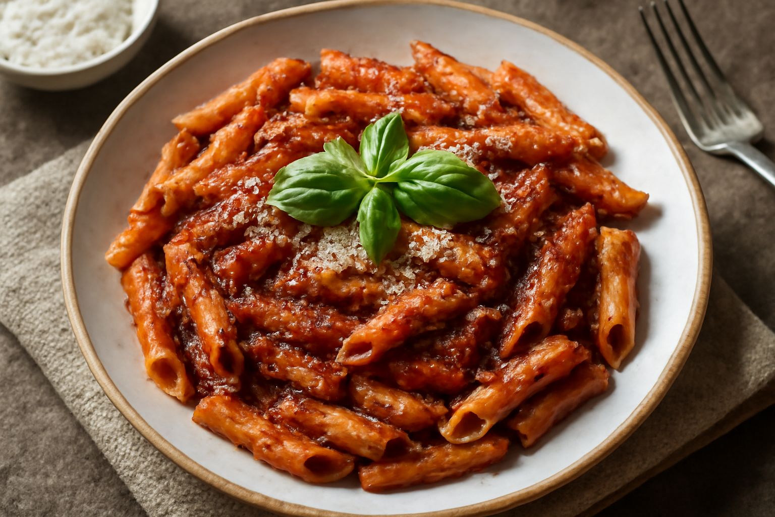 Un piatto di pasta bianca condita con sugo rosso scuro di pomodori secchi, con gocce di olio lucido in superficie, foglie di basilico fresco verde e parmigiano grattugiato