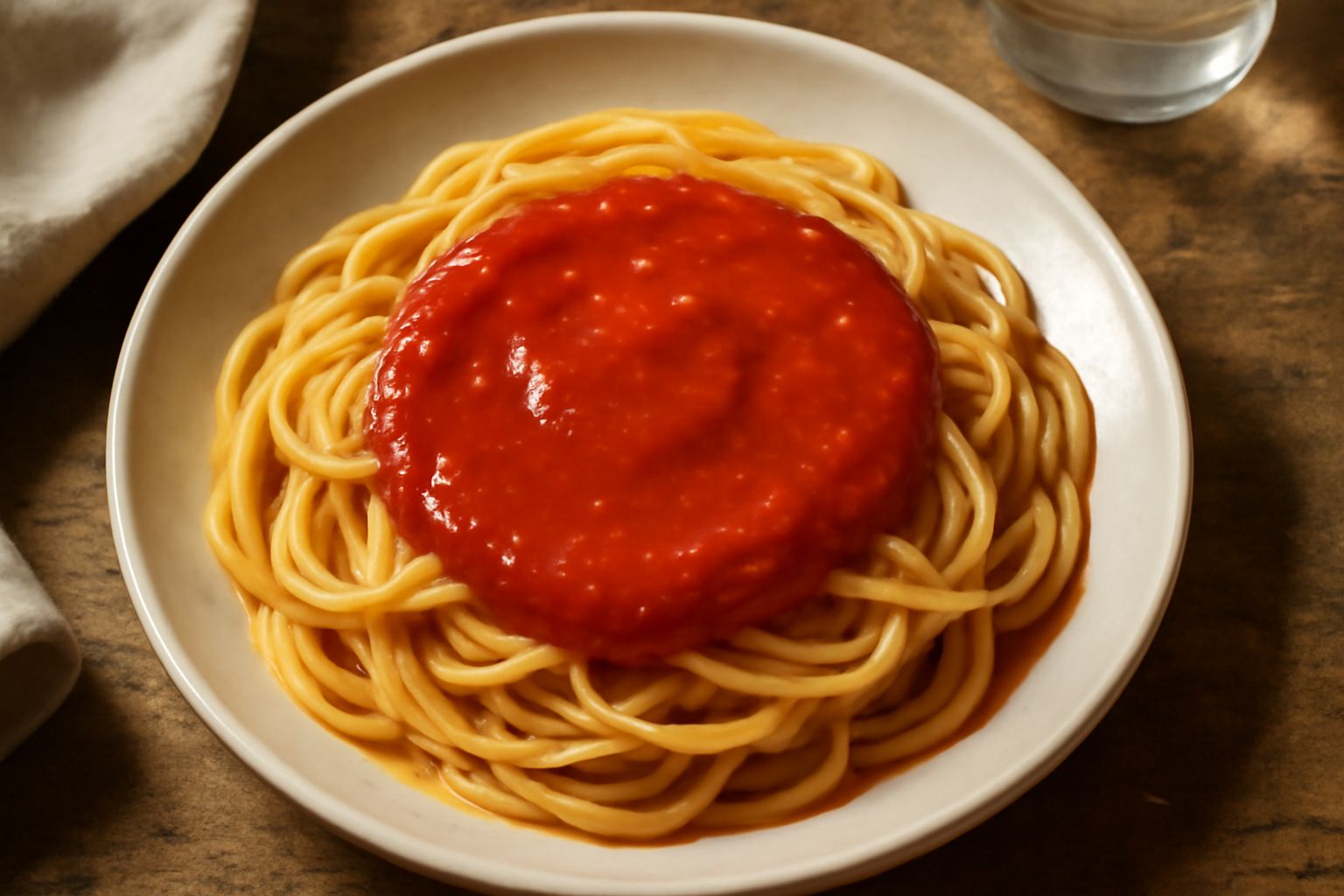 Sugo di pomodoro rosso intenso in una pentola di acciaio, con superficie lucida e uniforme, guarnito da una foglia di basilico fresco verde intenso, fondo sfocato di una cucina luminosa