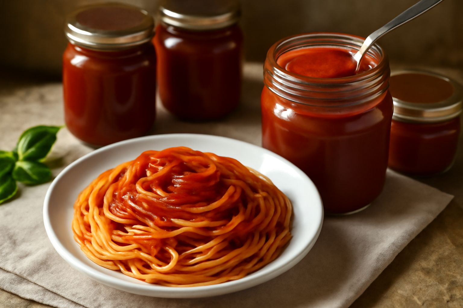 Vasetti di vetro pieni di sugo di pomodoro rosso scuro, coperchi dorati chiusi ermeticamente, su un ripiano di dispensa con foglie di basilico verde fresco accanto