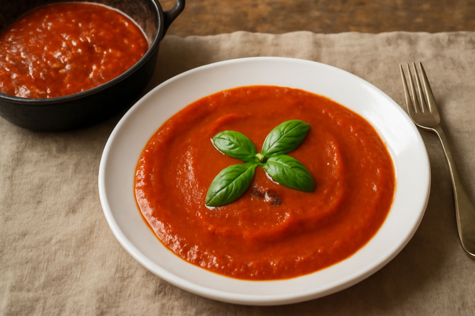 Sugo di pomodoro rosso brillante in pentola di acciaio con foglie di basilico verde appena poste sopra, vapore visibile, bordo della pentola sfocato