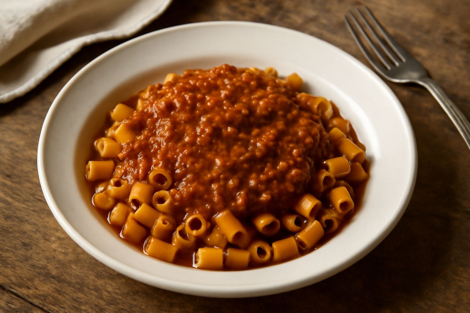 Sugo di ragù marrone scuro e cremoso in una pentola di acciaio, con bolle che si formano sulla superficie, garnito con foglie di prezzemolo fresco