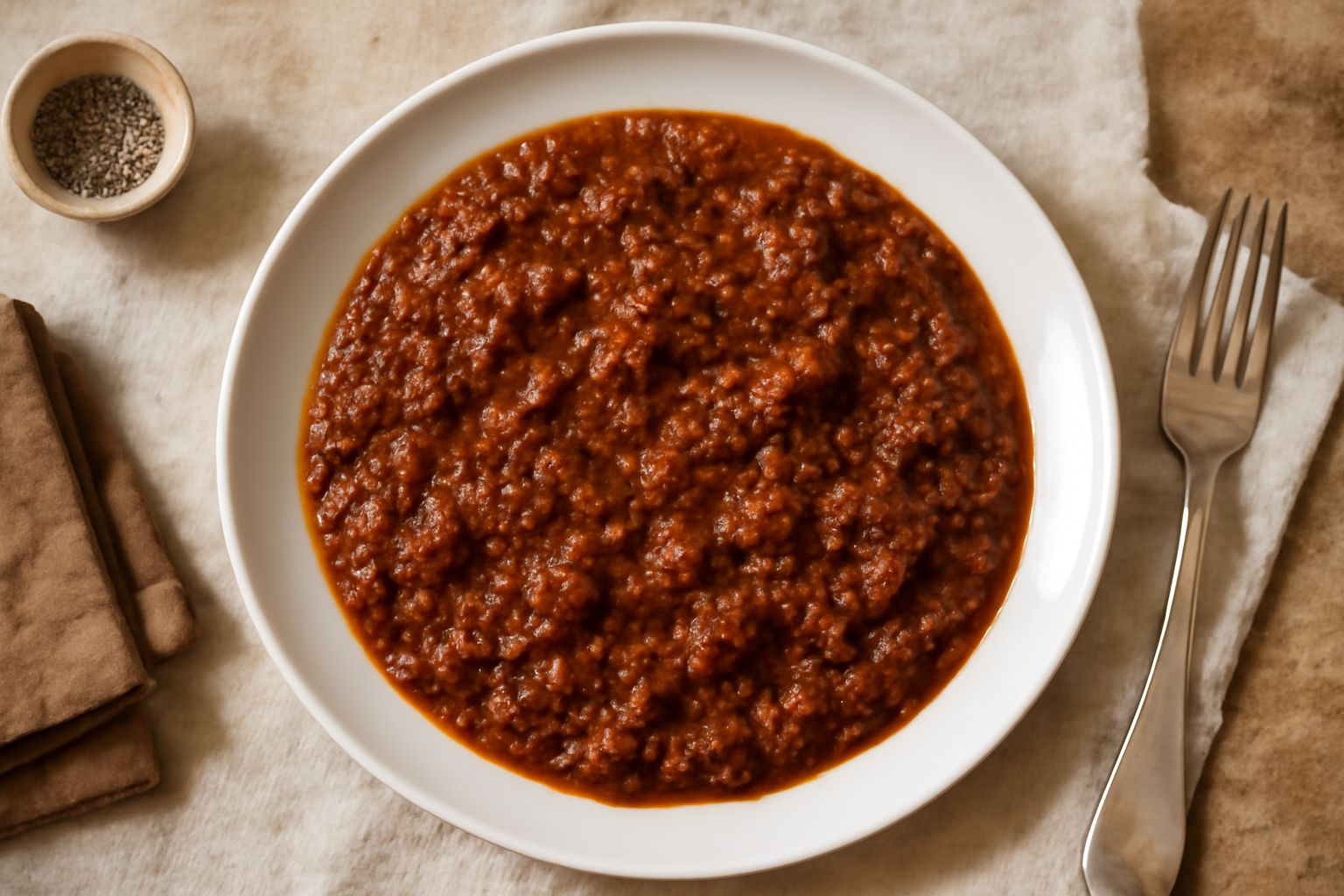 Piatto di pasta ricoperto di ragù catanese marrone scuro, denso e lucido, con particelle di carne visibili, guarnito con parmigiano grattugiato bianco e prezzemolo verde fresco, servito in ciotola di 