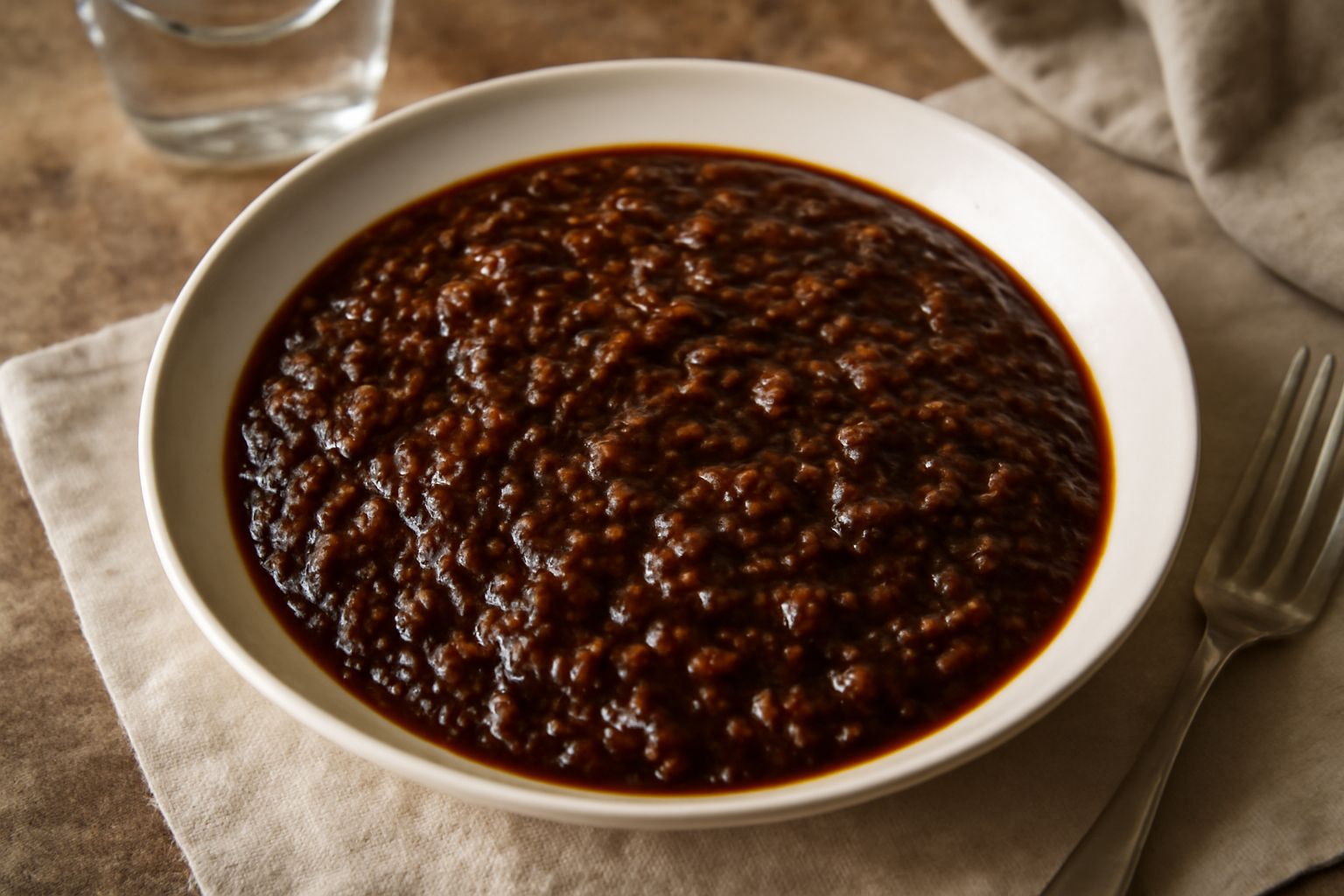 Sugo ragù siciliano marrone scuro in pentola di rame, con pezzi di carne visibili, vapore che sale, cucchiaio di legno immerso, tavolo di pietra grigia con aglio e cipolla sfocati sullo sfondo