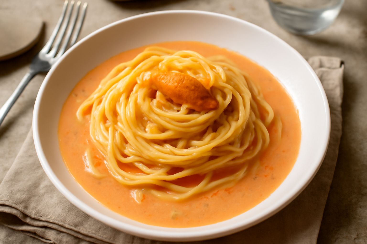 Piatto di pasta fresca ricoperta da sugo cremoso color arancio-rosa, decorato con filamenti di ricci di mare interi e prezzemolo fresco tritato, servito in ciotola bianca su tavolo di legno