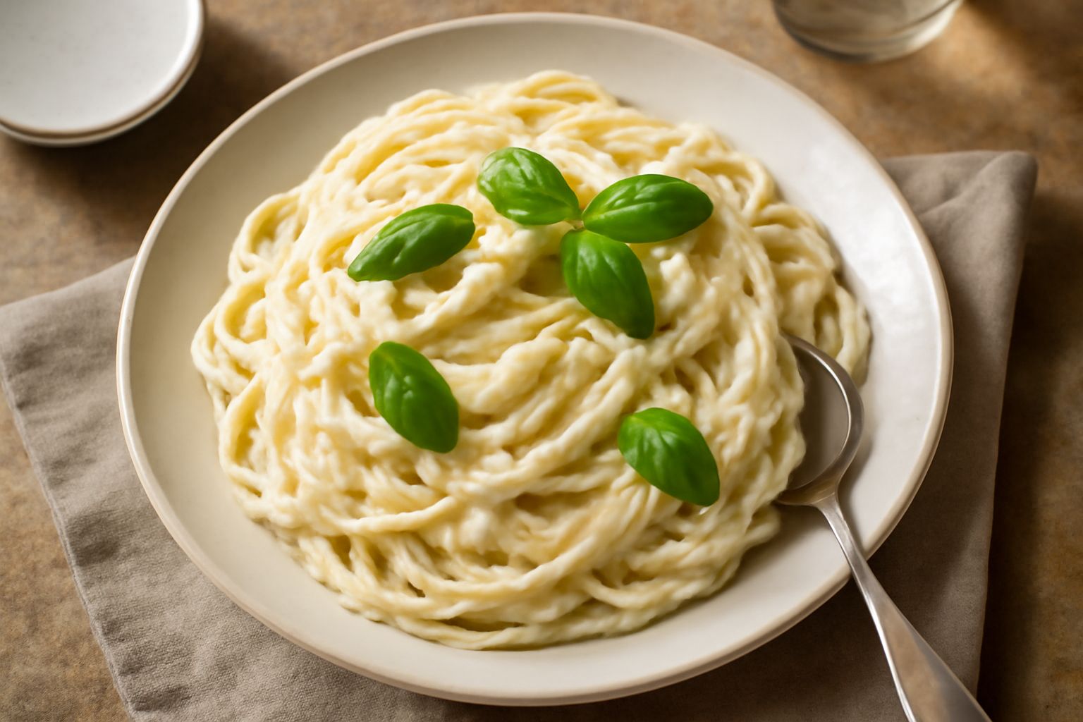 Piatto di pasta con sugo di ricotta bianco cremoso, decorato con basilico fresco verde, ricotta visibile in piccoli grumi, grana padano grattugiato, in una ciotola di ceramica bianca