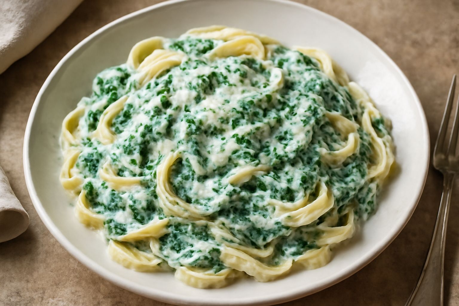 Un piatto di pasta fresca ricoperta da sugo cremoso bianco con venature verdi di spinaci, guarnito con parmigiano grattugiato e una fogliolina di spinaci crudo in cima
