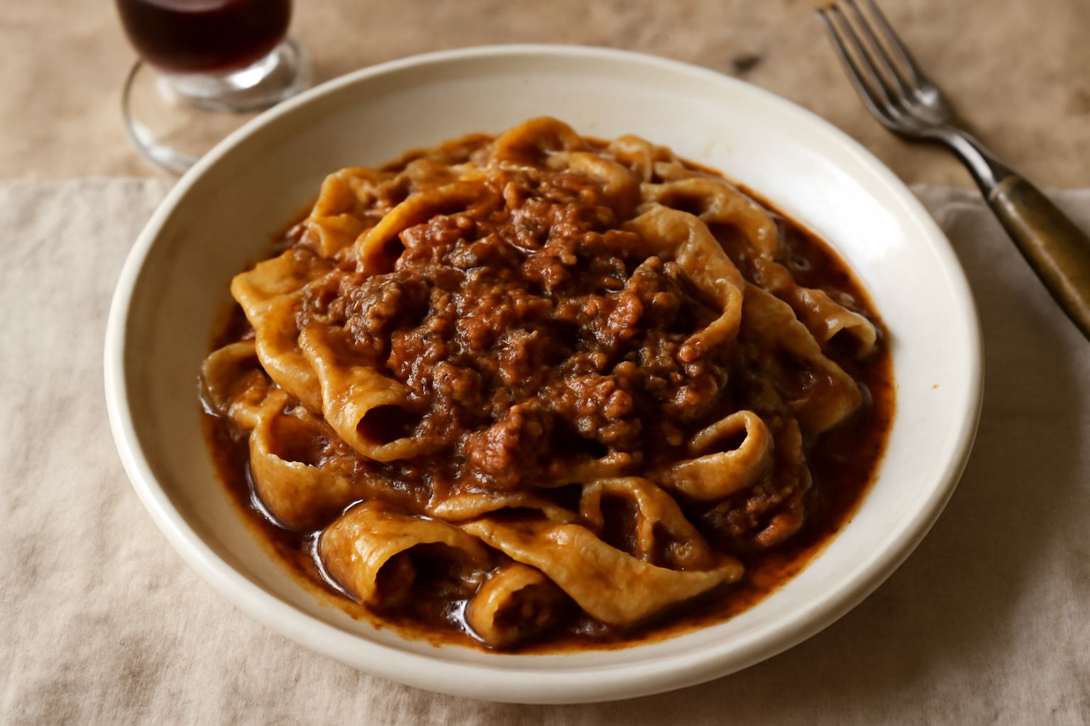 Piatto di pasta con sugo di rigatino: la guancia di maiale si vede in pezzi morbidi dentro il sugo scuro e lucido, guarnito con parmigiano grattugiato bianco e una foglia di prezzemolo fresco, fondo d