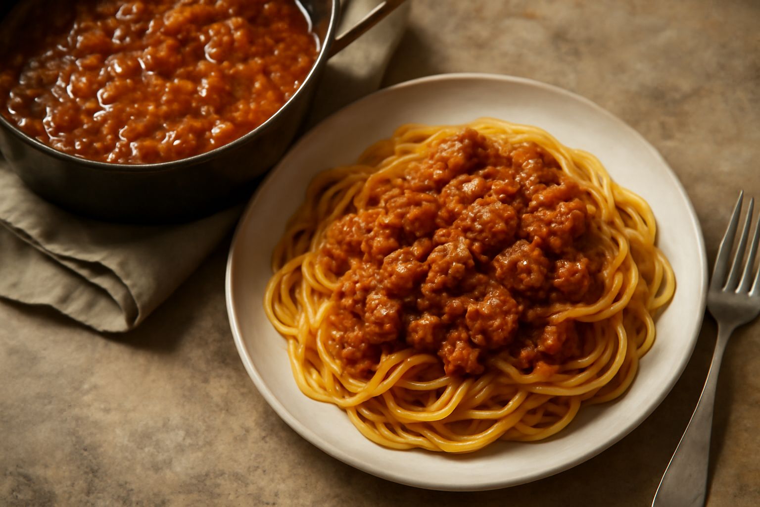 Sugo di salsiccia di colore rosso scuro con particelle di carne, servito in una ciotola bianca con cucchiaio di legno, accanto a un piatto di pasta rigatoni al sugo