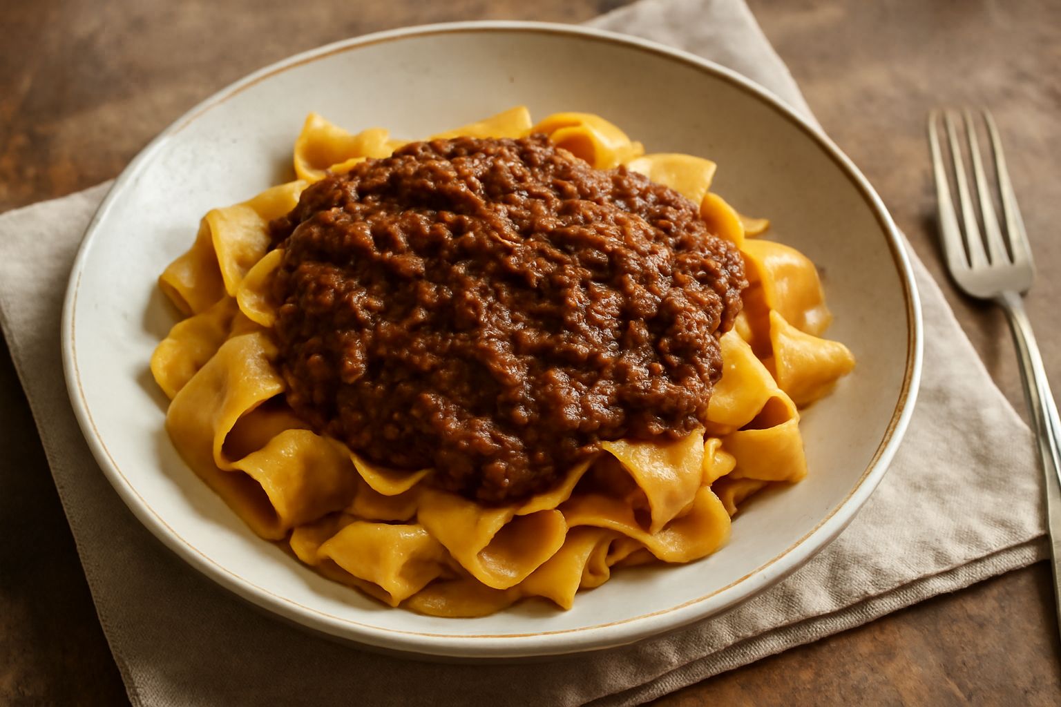 Un piatto di pasta fresca ricoperta da sugo di selvaggina scuro e denso, con frammenti di carne visibili, spruzzato di parmigiano grattugiato e foglia di prezzemolo, su fondo bianco