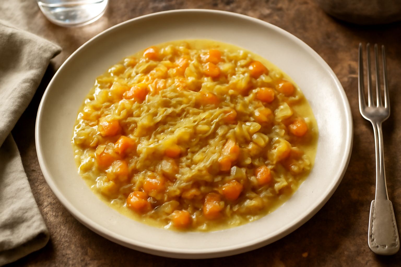 Soffritto dorato in pentola: cipolla, sedano e carota a dadini trasparenti e leggermente caramellati in olio, con vapore che sale, su fuoco moderato