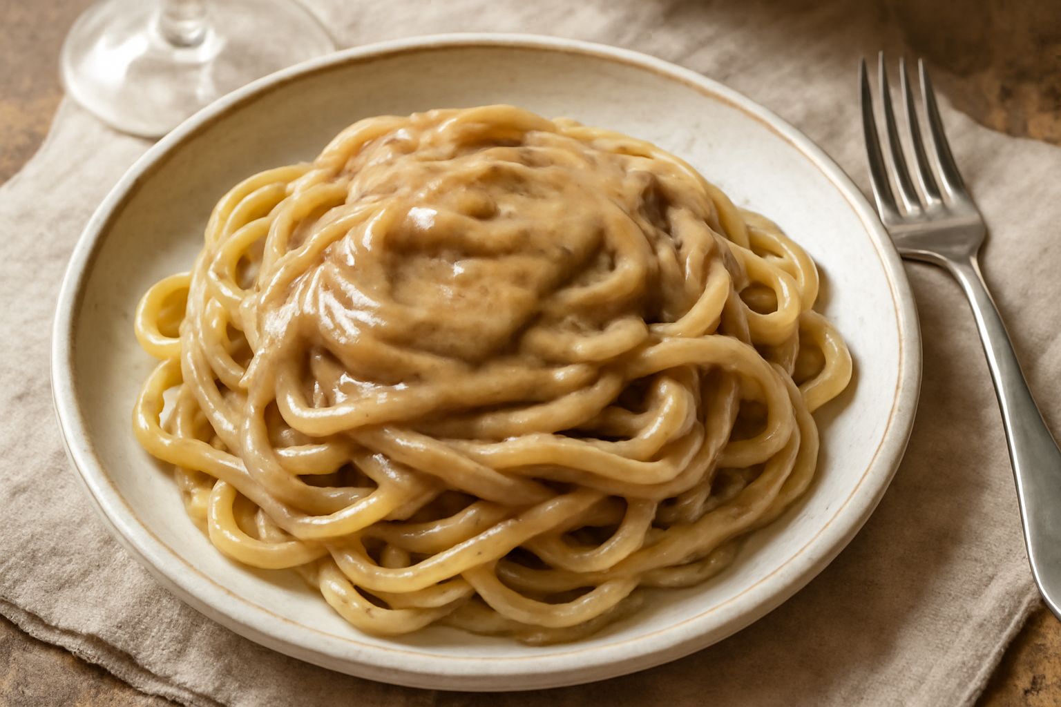 Piatto di pasta fresca con sugo cremoso di colore marrone nocciola, granelli scuri di tartufo sparsi in superficie, cucchiaio di legno accanto, tovaglia lino bianco