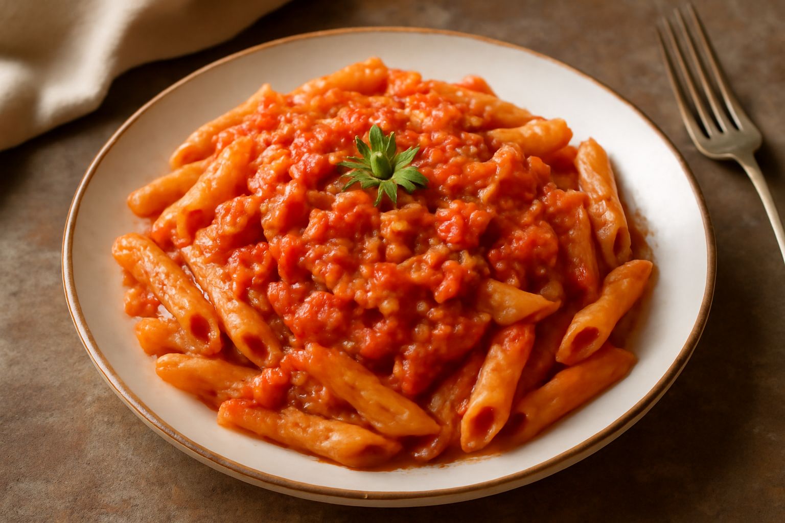 Piatto di pasta spaghetti con sugo rosso di tonno, decorato con prezzemolo fresco, in un piatto bianco su fondo neutro, olio d'oliva lucido sulla superficie