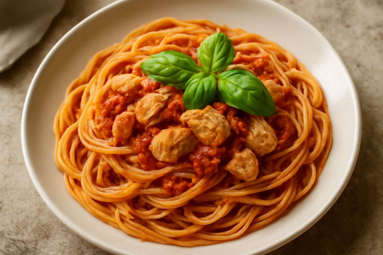 Piatto di pasta con sugo di tonno fresco: tonno chiaro sfumato in giallo-beige, pomodoro rosso vivo in piccoli pezzi, basilico verde intenso sopra, filo d'olio lucente, grana di pepe nero visibile sul