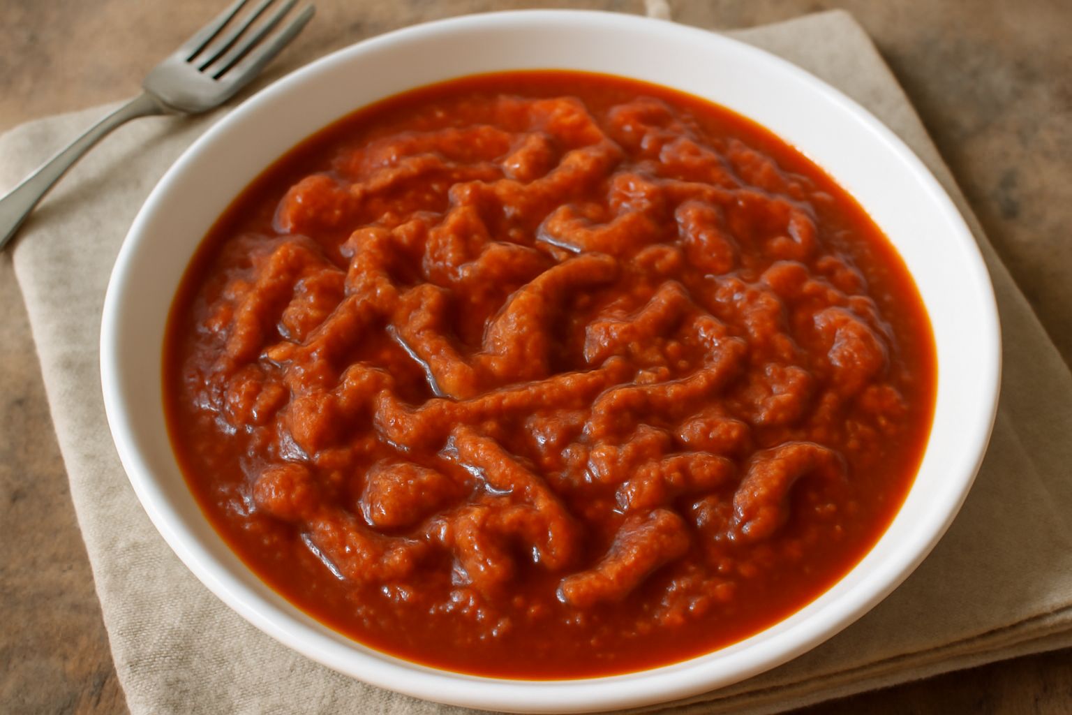 Sugo di trippa denso e rosso in una pentola di terracotta, con pezzi di trippa ben visibili e lucidi, guarnito con prezzemolo fresco verde, vapore ancora visibile sulla superficie