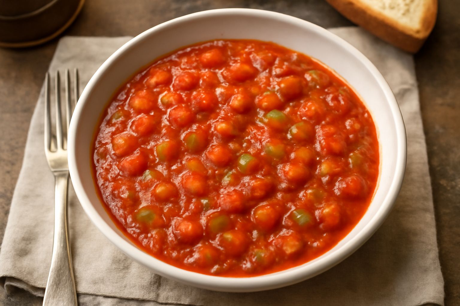 Sugo di verdure in pentola di acciaio, di colore rosso-arancio scuro, con visibili pezzetti di verdure ammorbidite, coperto di gocce di umidità, servito in ciotola bianca con prezzemolo fresco tritato