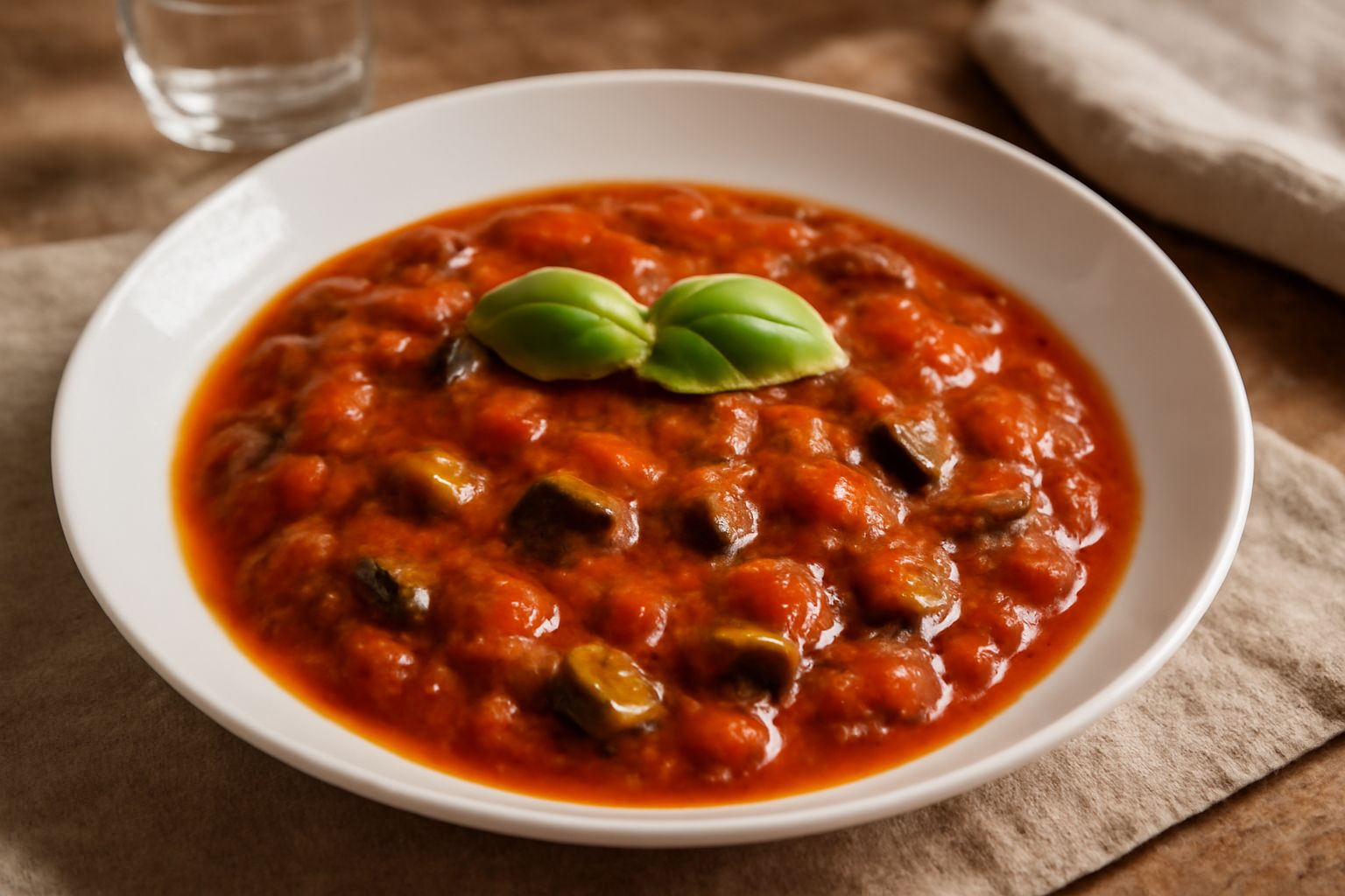 Sugo di verdure di campo servito in un piatto bianco: salsa densa di colore rosso-arancio con pezzi visibili di zucchine verde scuro, melanzana violastra e peperoni, condito con olio d'oliva e foglie 