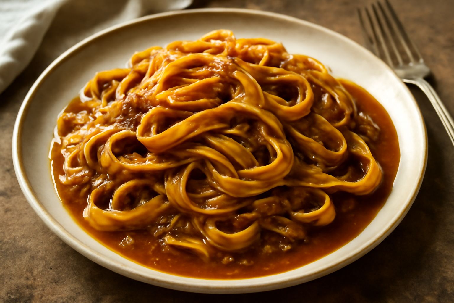 Sugo di vitella denso e marrone scuro in un piatto bianco, condisce tagliatelle fresche dorate; in sottofondo una zuppiera di terracotta e un cucchiaio in legno