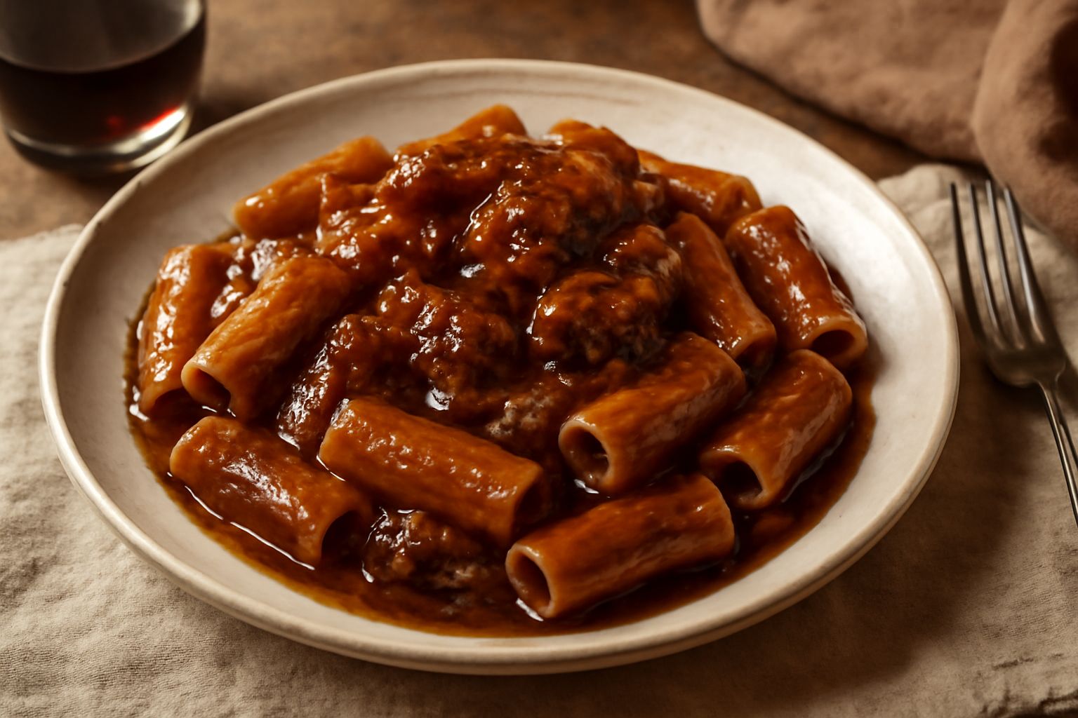 Piatto di pasta lunga condita con sugo di vitello marrone scuro e denso, guarnito da prezzemolo fresco verde su un fondo di porcellana bianca, con ombra leggera dei raggi di luce
