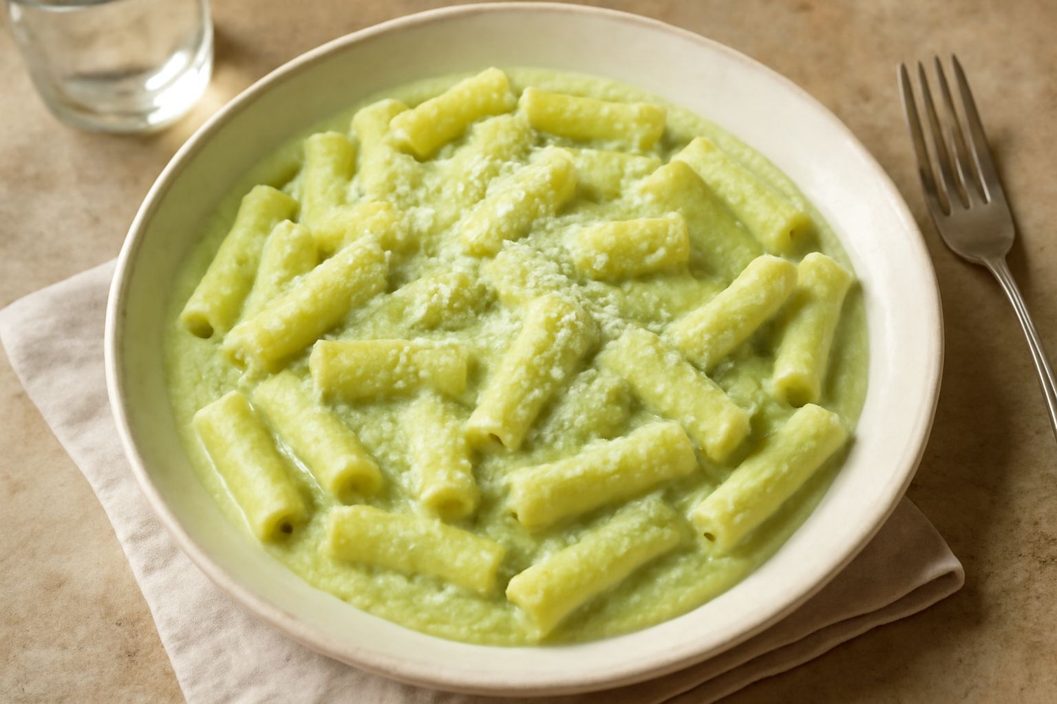 Piatto di pasta rigatoni bianca con sugo di zucchina cremoso verde pallido, spolverato di pecorino romano grattugiato e basilico fresco, in un piatto fondo di ceramica bianca