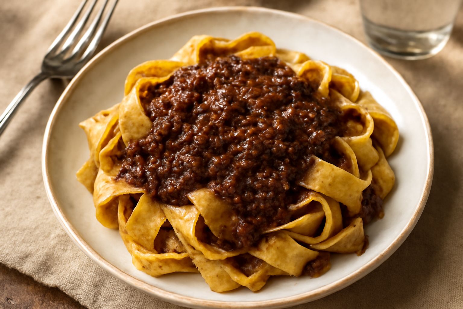 Sugo d'oca marrone scuro e denso in una ciotola bianca, accanto a un mucchio di pappardelle dorate e un cucchiaio di legno, con basilico fresco sullo sfondo