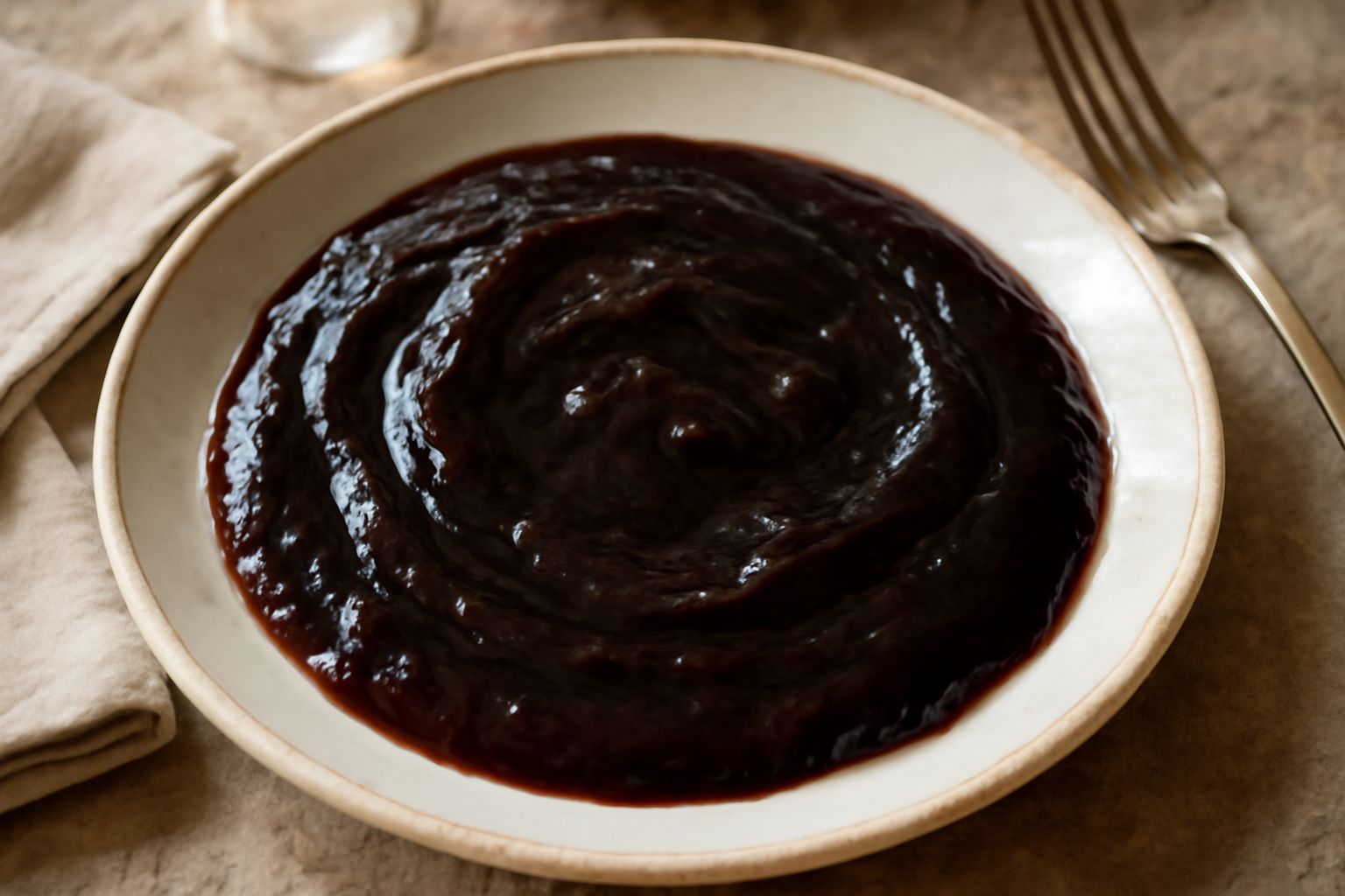 Un vasetto di vetro trasparente riempito di sugo d'uva scuro e lucido, poggiato su un piano di legno chiaro, con grappoli d'uva nera fresca accanto e un cucchiaio di legno che affonda leggermente nell