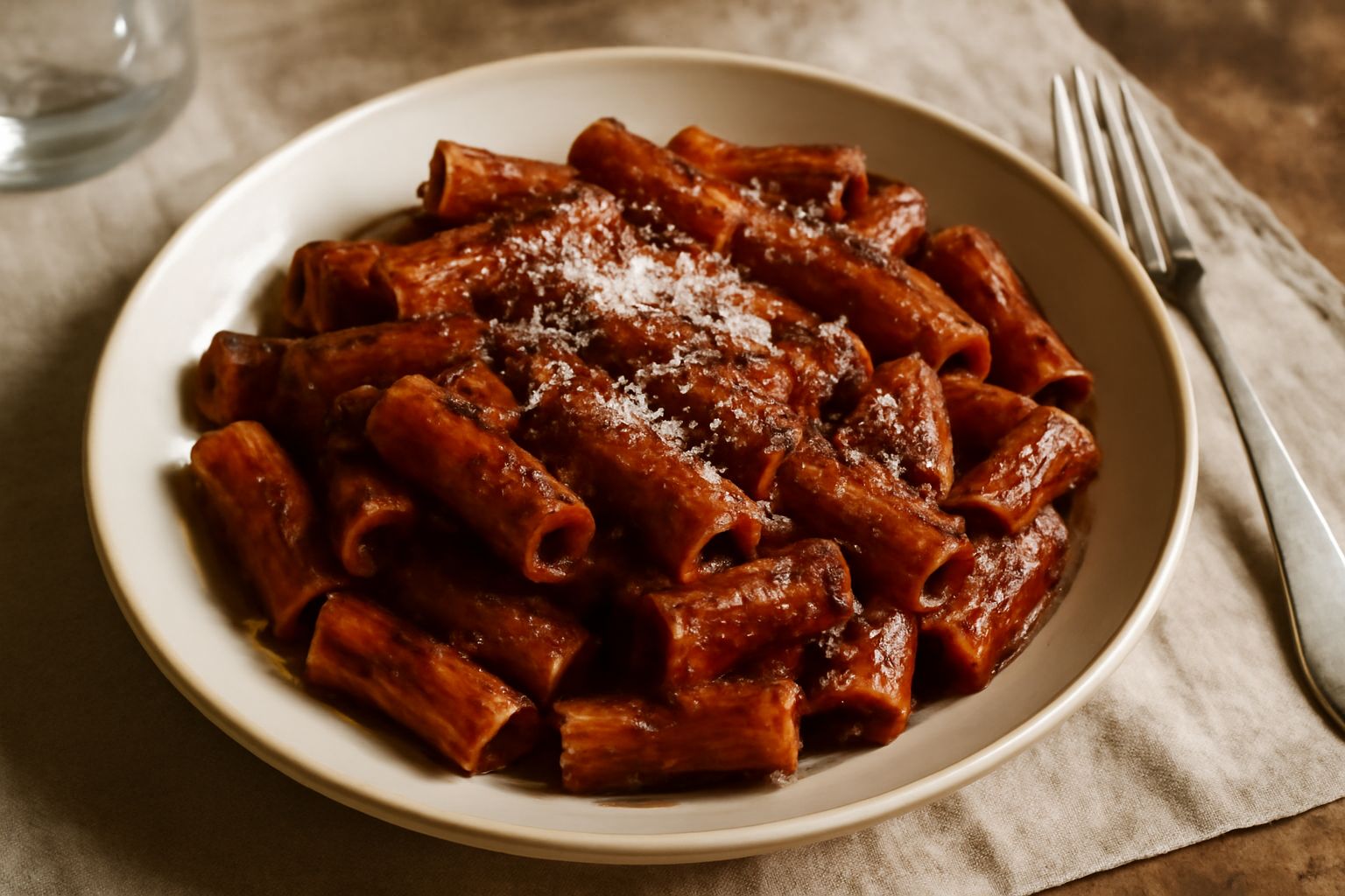 Piatto di pasta ricoperto da un sugo denso color bordeaux con gocce di olio, guarnito da fettuccia di basilico fresco e parmigiano grattugiato, su fondo bianco