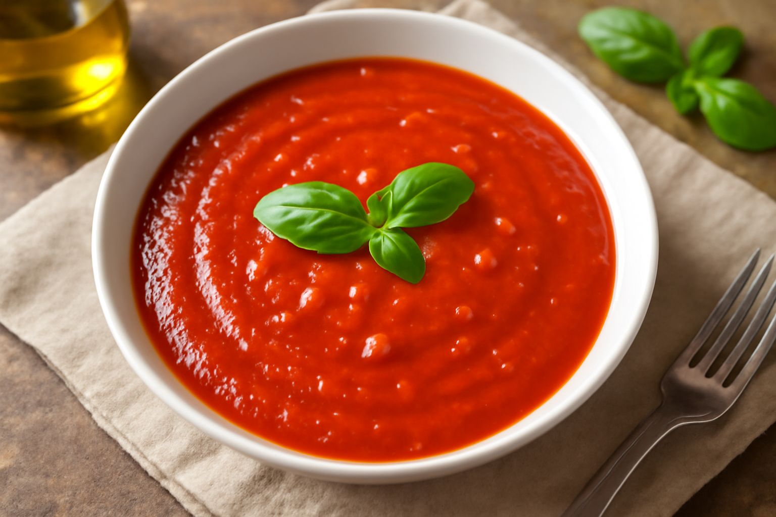Sugo rosso denso in una ciotola di terracotta, coperto di una foglia di basilico fresco, con un cucchiaio di legno e pomodori rossi accanto su tavolo di legno