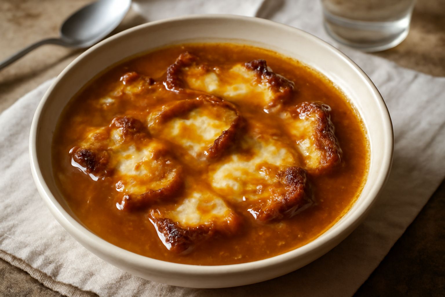 Zuppa cremosa in ciotola di ceramica bianca con fette di pane tostato appena sommerse in brodo dorato, formaggio fuso che scende dai bordi, vapore caldo, cucchiaio di legno appoggiato al bordo