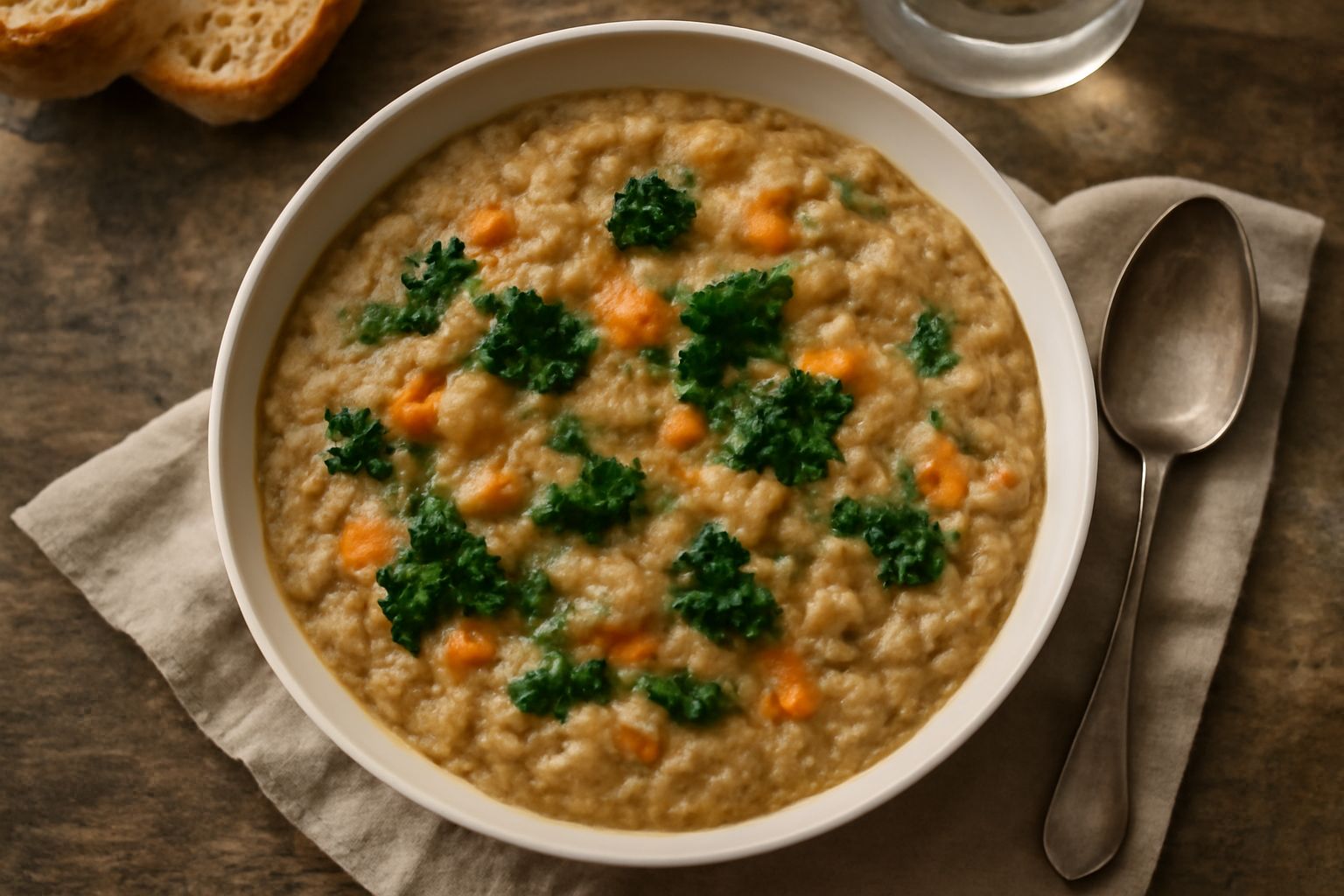 Zuppa di pane e verdure in una ciotola bianca, con cubetti di pane raffermo dorato, cavolo verde, carote e cipolla mescolati nel brodo caldo, filo d'olio toscano in superficie