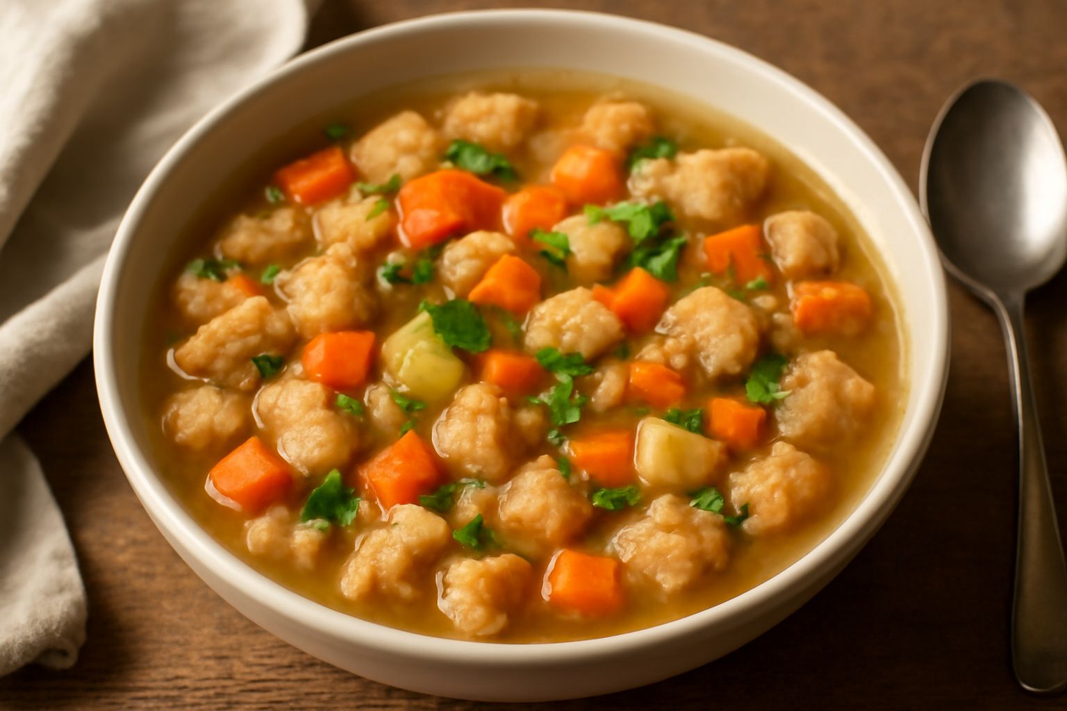 Minestra in ciotola di ceramica con pezzi di pane raffermo dorato, verdure verdi e arancioni in brodo caldo, cucchiaio di legno accanto, tavolo di legno chiaro