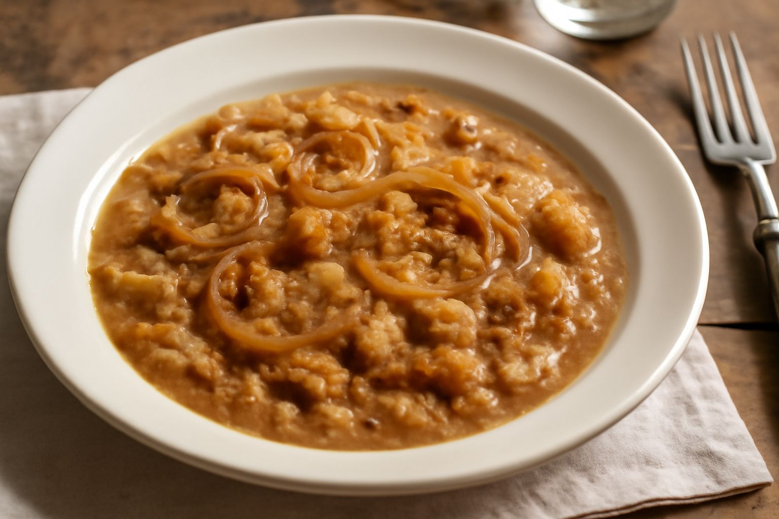 Zuppa cremosa in ciotola di ceramica bianca con pezzi di pane morbido e dorato, cipolla caramellata, filo di olio d'oliva, pepe nero e pane tostato croccante a lato