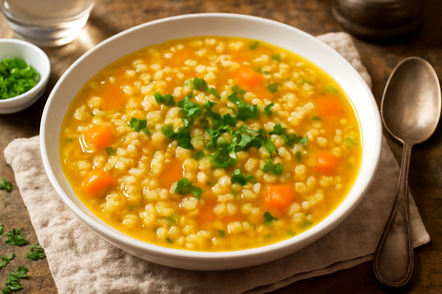 Zuppa d'orzo in ciotola bianca: liquido trasparente color ambra, grani d'orzo morbidi e gonfi, carote a dadini arancioni, sedano e prezzemolo fresco verde, vapore leggero, cucchiaio di legno appoggiat