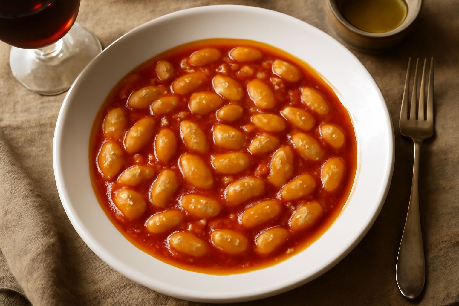 Ciotola di ceramica bianca con fagioli cannellini in umido di pomodoro, olio d'oliva dorato in superficie, fette di pane tostato accanto, tavolo di legno chiaro