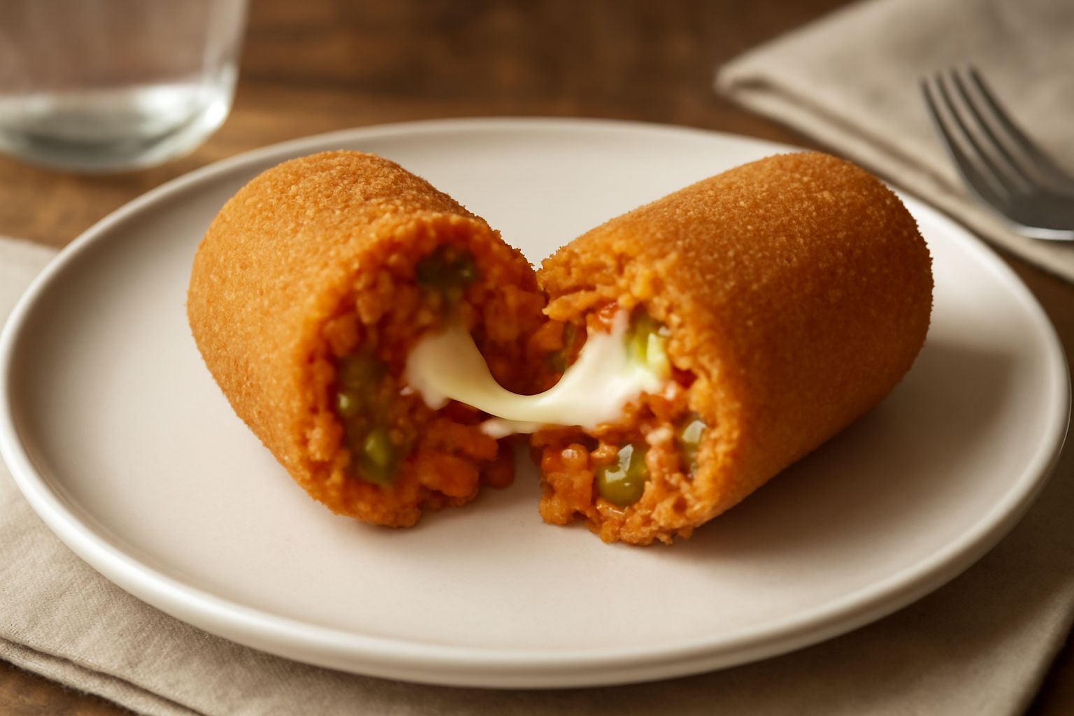 Tre supplì dorati e croccanti, allungati, appena fritti su un piatto bianco. Si vede il taglio dove la mozzarella filante esce dal riso. Sfondo neutro.