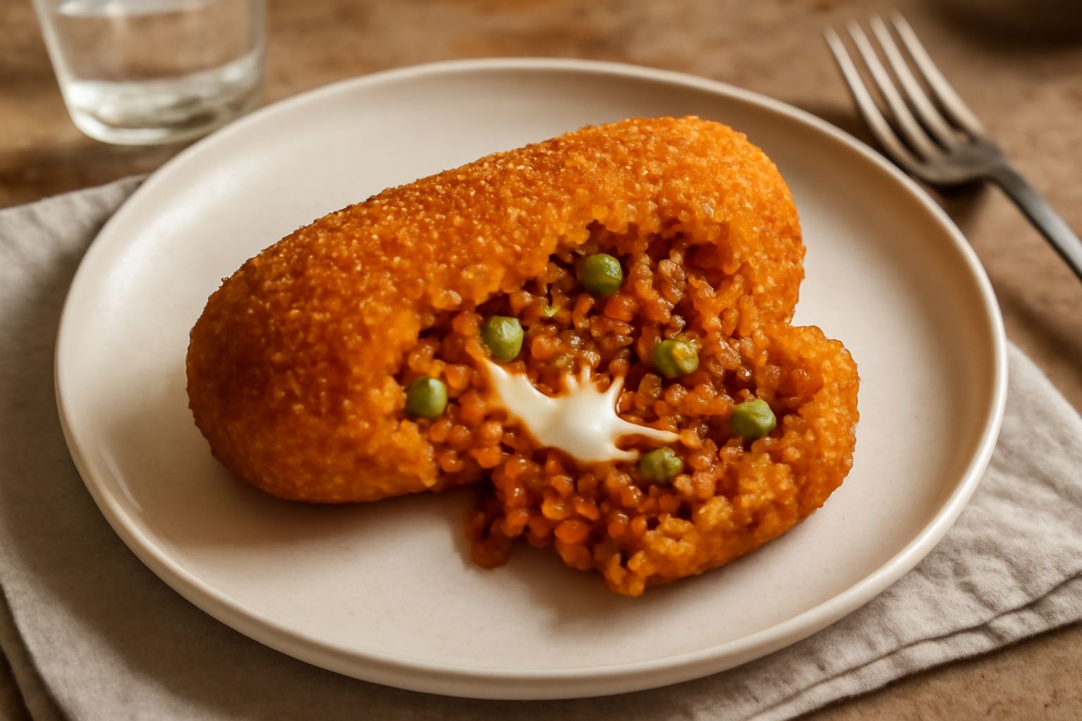 Supplì al ragù tagliato a metà su un piatto bianco, che mostra il ripieno di ragù marrone, mozzarella gialla e piselli verdi, con la panatura dorata all'esterno