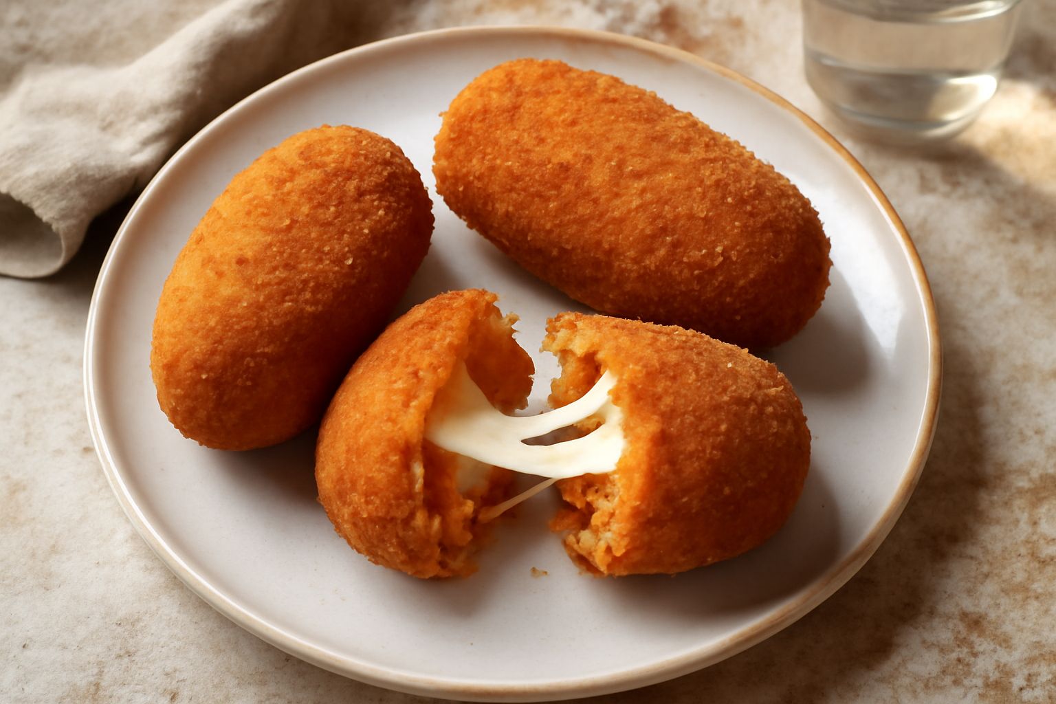 Un suppli al telefono tagliato a metà che mostra il riso giallo al ragù e la mozzarella filante in mezzo, appoggiato su carta bianca